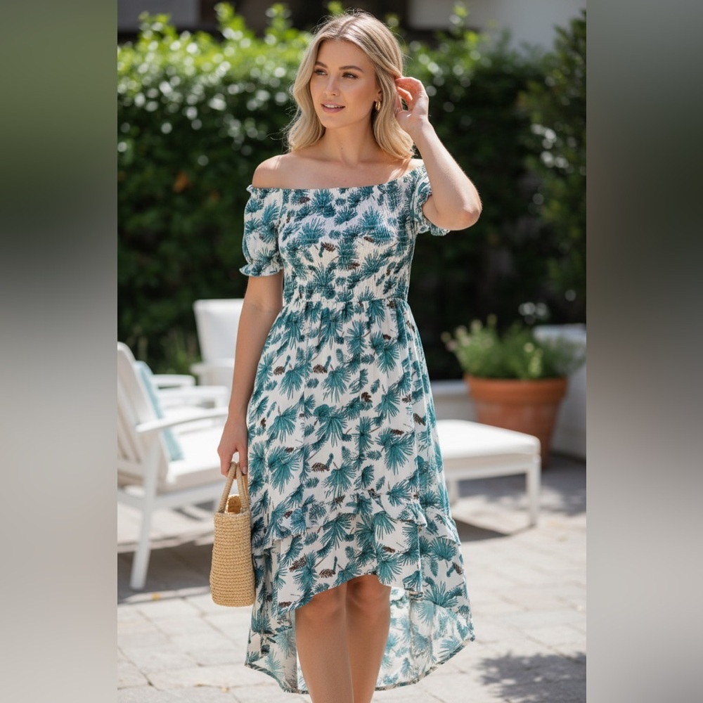 Off Shoulder High Low Maxi Dress Sz Small Teal Tropical Palm Tiered Ruffle Boho